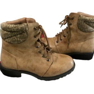 Mia Girl Kids Youth Tan Combat Ankle Boots Lace Up Fashion Woven Trim Si…
